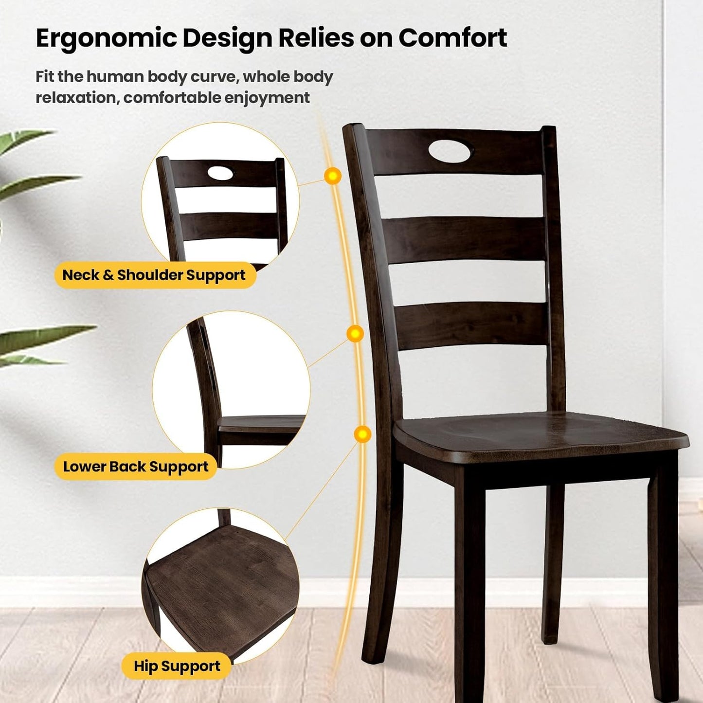 5-Piece Dining Table Set, Solid Rubber Wood Dining Room Table Set for 4, Modern Table and Chair Set for Kitchen Dining Room Restaurant Bar,Espresso