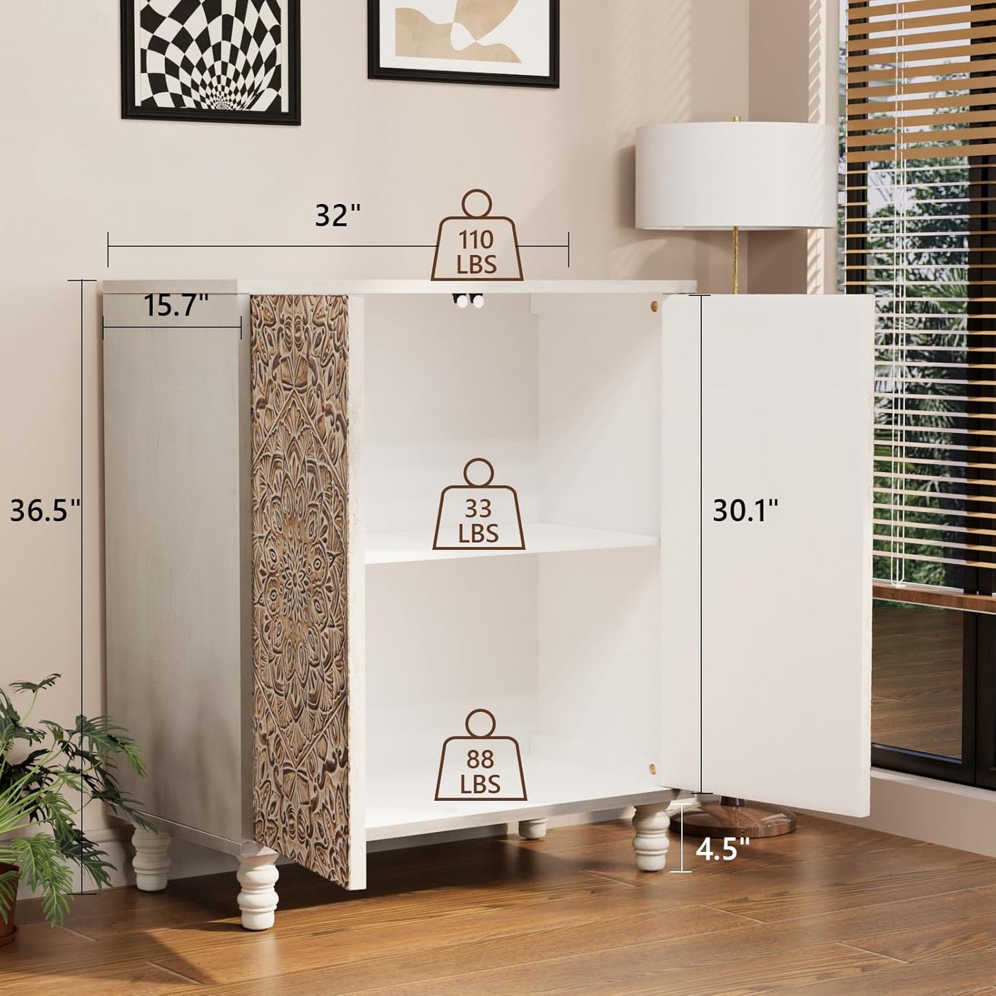 COSIEST Set of 3 32" Buffet Sideboard Cabinets with Vintage Firework Carved Pinewood Doors, Push-to-Open Storage Accent Cabinets, Gray