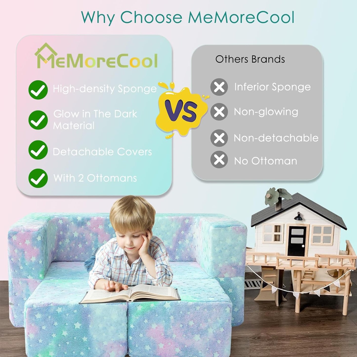 MeMoreCool Kids Play Couch for Playroom, Toddler Glow in Dark Sofa, Modular Bedroom Furniture