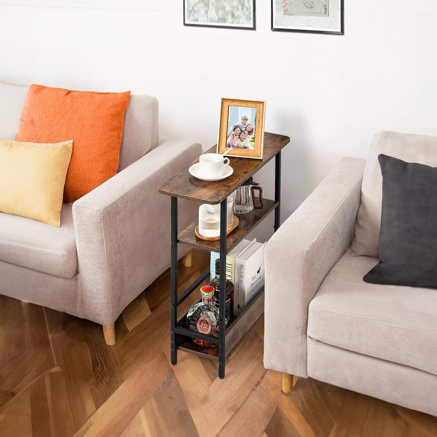 Narrow Side Table for Small Spaces, 3-Tier Small End Table with Storage Shelf and Magazine Holder, Slim and Skinny Nightstand for Bedroom, Living Room Sofa Table for Space Saving, Brown