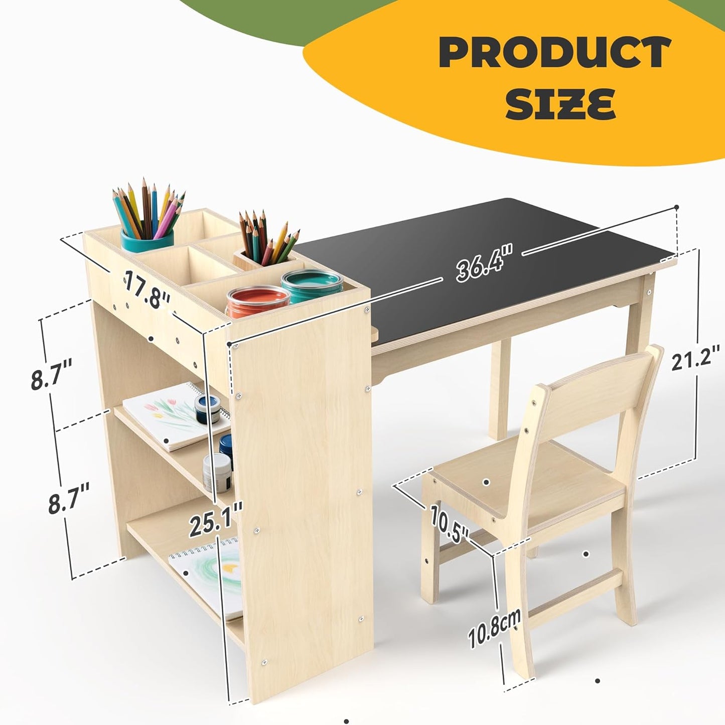 Kids Art Table and Chair Set, Sturdy Beech Wood Study Desk for Children’s Drawing, Learning & Play - Multi-Functional Activity Table for Home,Toddler Desk with Storage and 1 Chair
