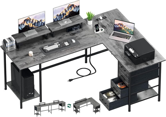 66" L Shaped Computer Desk, 94.4'' Home Office Desk with Power Outlets, 4 Adjustable Storage Drawers & 2 Monitor Stands, Large Two Person Gaming Table for Writing Study, Grey