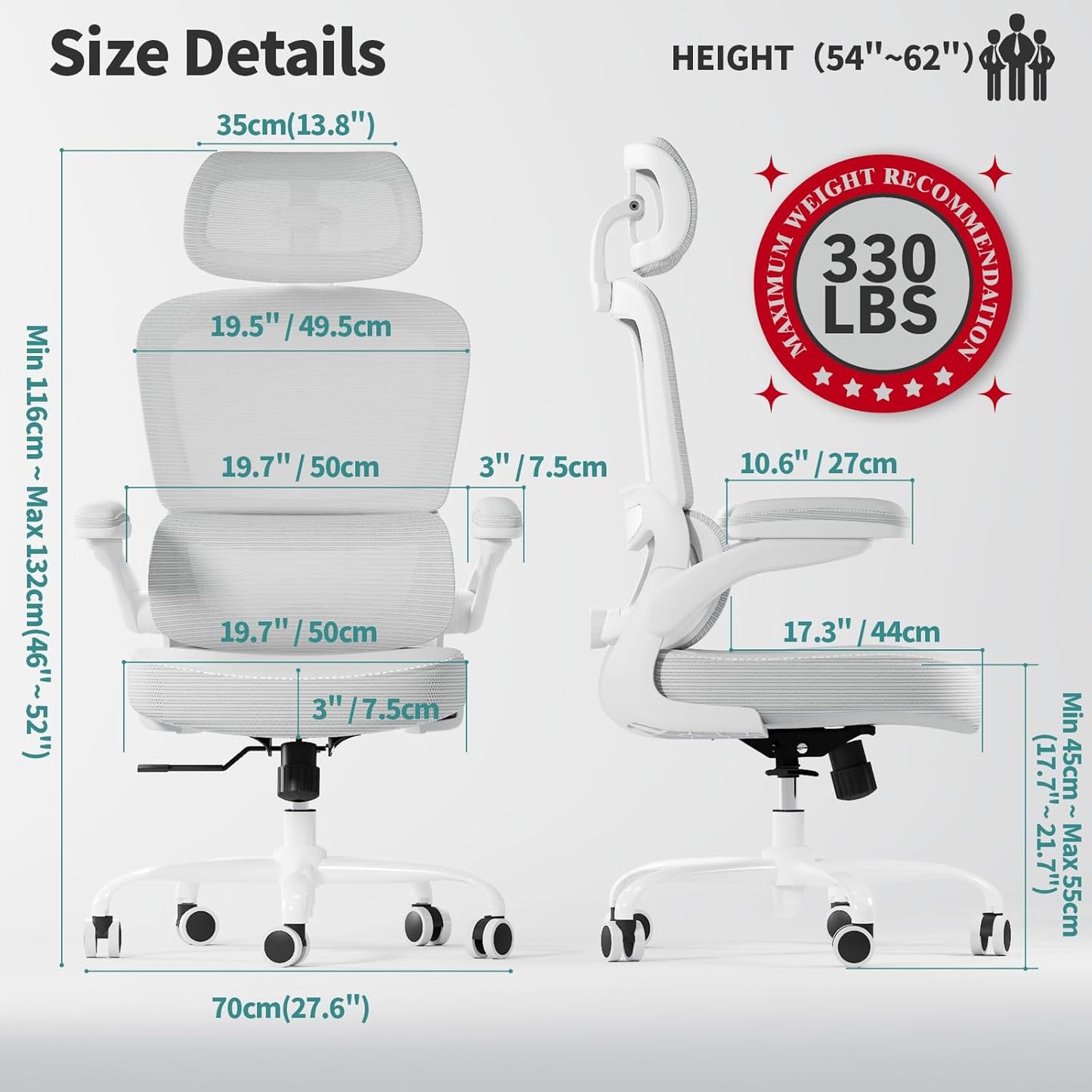 TRALT Ergonomic Office Chair - Desk Chair with Adjustable Headrest Lumbar Support Computer Chair - Mesh Comfy Chair with Flip-up Armrests - Gaming Chairs for Adults Home Office (Leather, White)