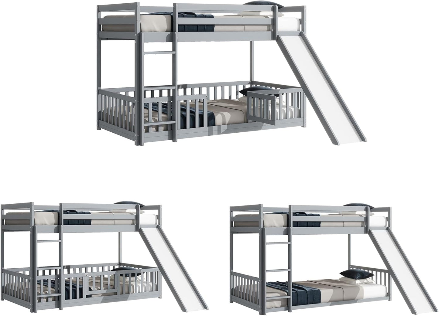 Ball & Cast Bunk Bed Twin Over Twin with Storage Staircase & Slide,Pine Solid Wood Bunk Bed Frame with Safety Guardrails,Floor Bunk Beds for Kids,Teens,No Box Spring Needed,Grey