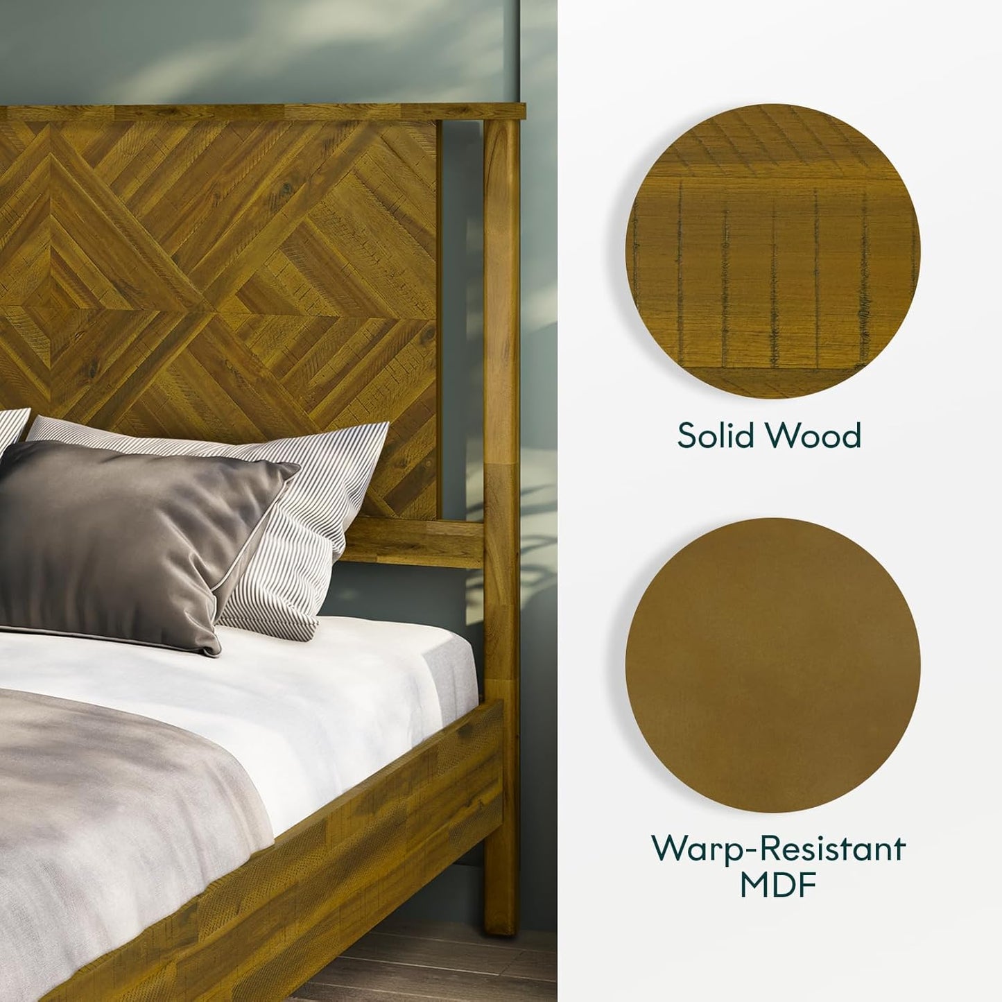 Bme Ethan Queen Bed Frame with Diamond Headboard, Mid-Century Modern, Solid Acacia Wood, No Box Spring Needed, Fits All Mattresses, Rustic Brown