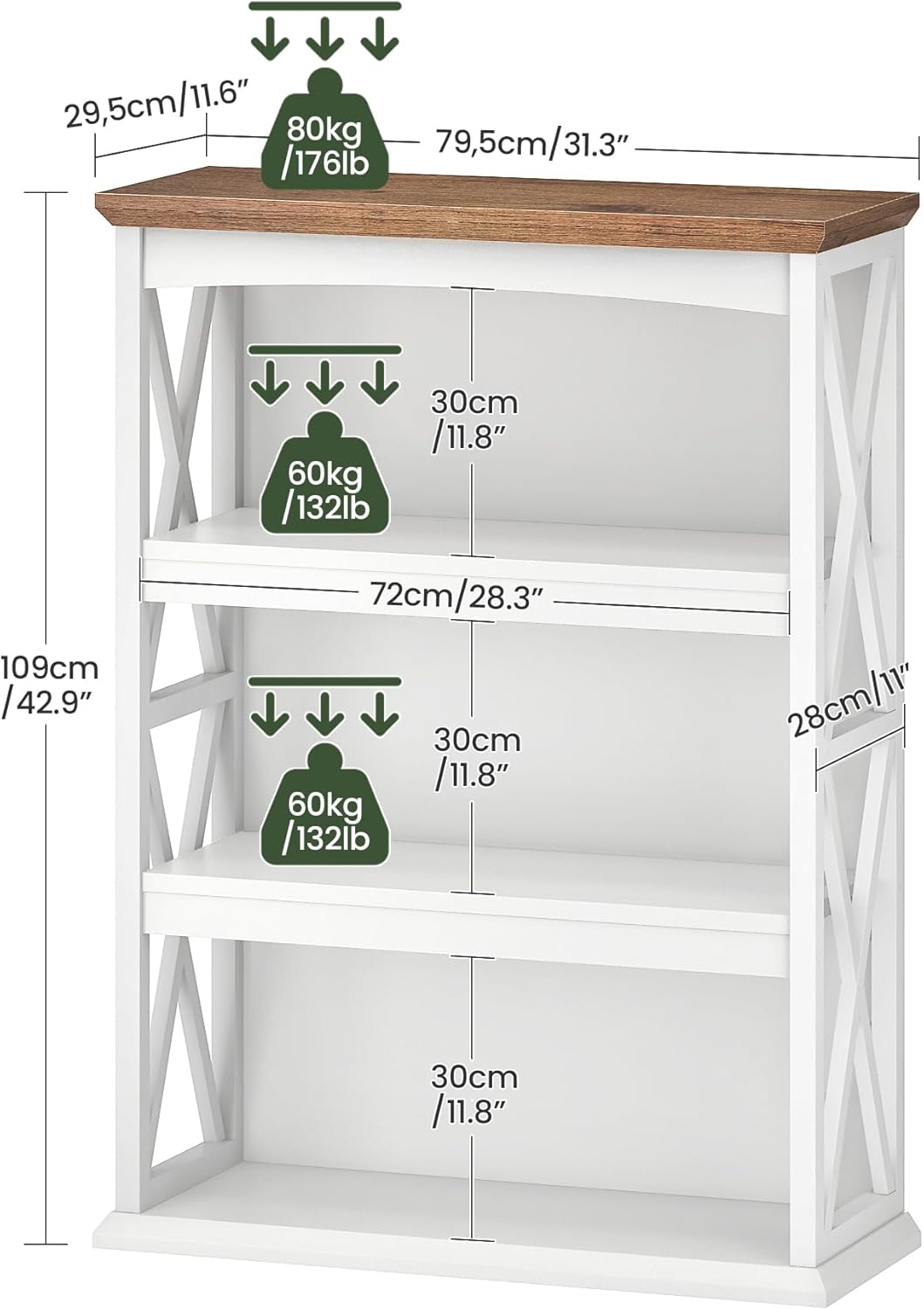 4-Tier Bookcase, 42.9" Floor Standing Organizer Shelf, Corner Book Stand, Metal Frame, for Study, Bedroom, Living Room, White and Walnut TSJ01WL