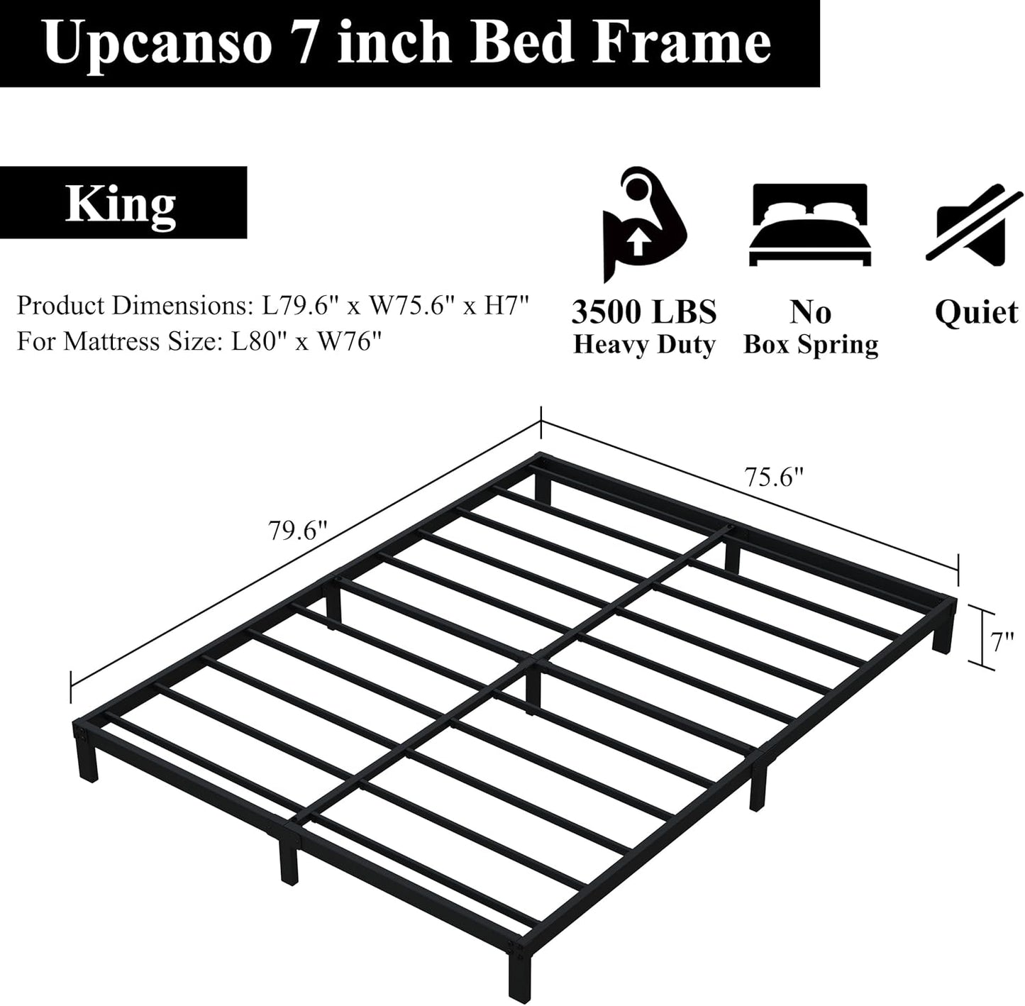 7 Inch King Bed Frame No Box Spring Need, Low Profile Metal Platform King Size Bed Frame, Heavy Duty Support Bedframes King, Easy Assembly