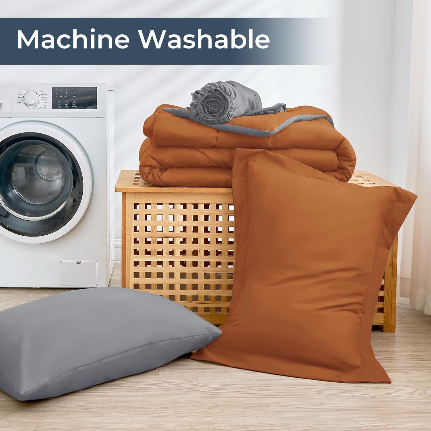 HEVUMYI Twin-XL Comforter Set - 5-Piece All Season Bed in a Bag Twin-XL, Ultra Soft Bedding Set with Comforter, Flat Sheet, Fitted Sheet, Pillowcases, Pillow Shams, Orange & Light Grey