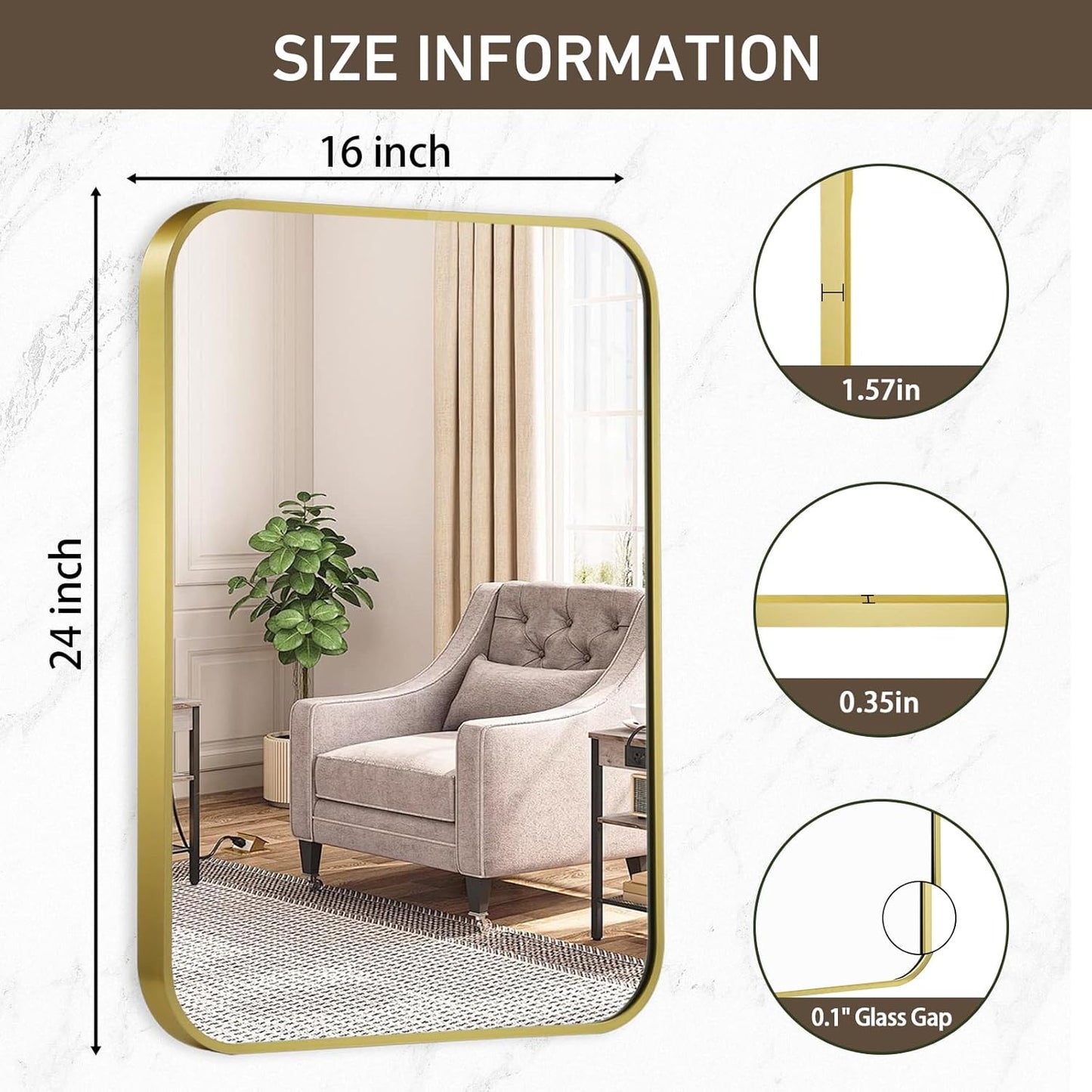Matte Gold Mirror, 16x24 Inch Brushed Gold Mirror, Aluminum Alloy Framed Vanity Mirror, Rounded Rectangle Bathroom Mirror for Over Sink, Anti-Rust Wall Mirror (Horizontally or Vertically)