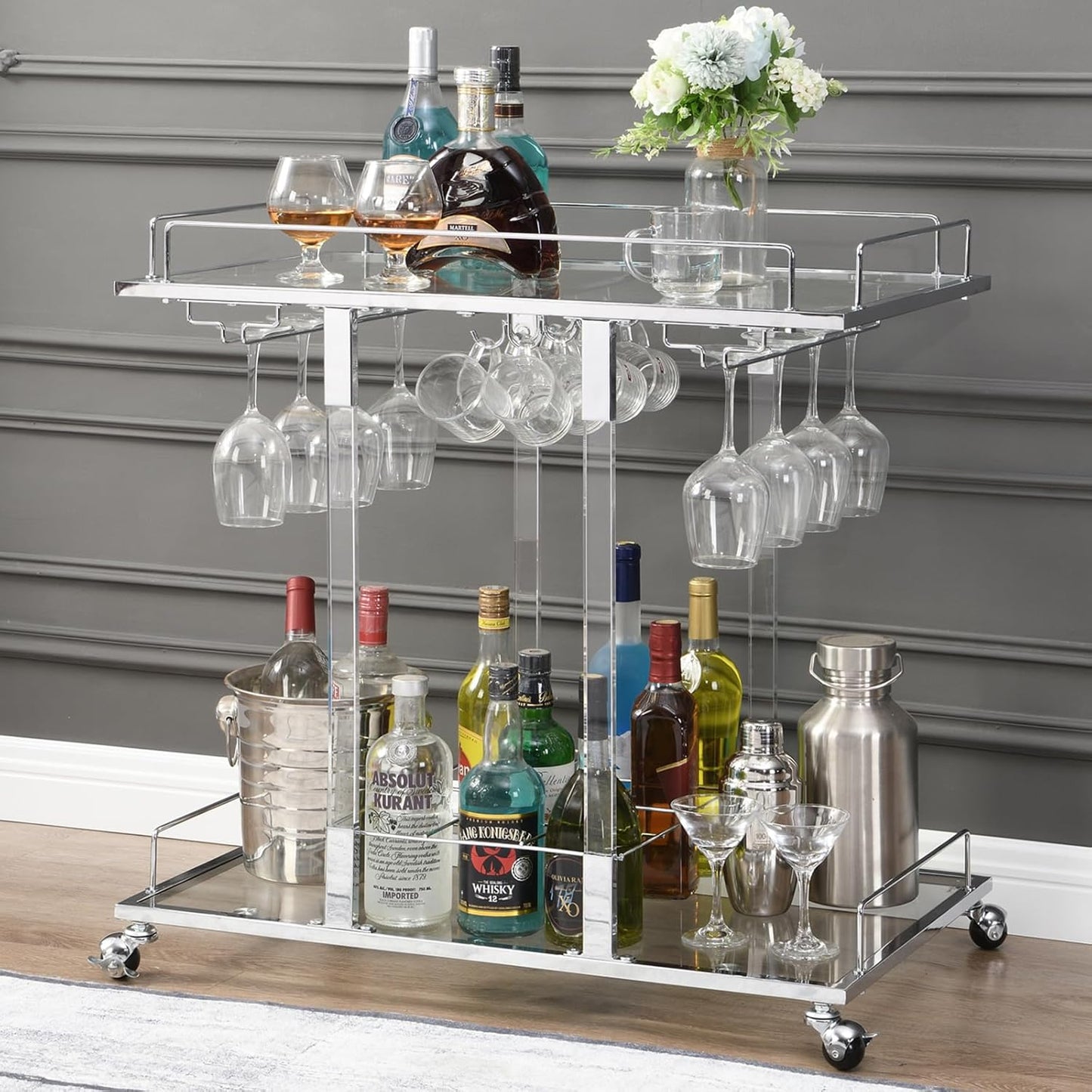 Silver Bar Cart for Home Bar Chrome Serving Cart with Wine Rack 2-Tier Acrylic Rolling Bar Carts on Wheels Clear Dessert Cart Lucite Bar Stand Glass Liquor Cart for Living Room Kitchen Club