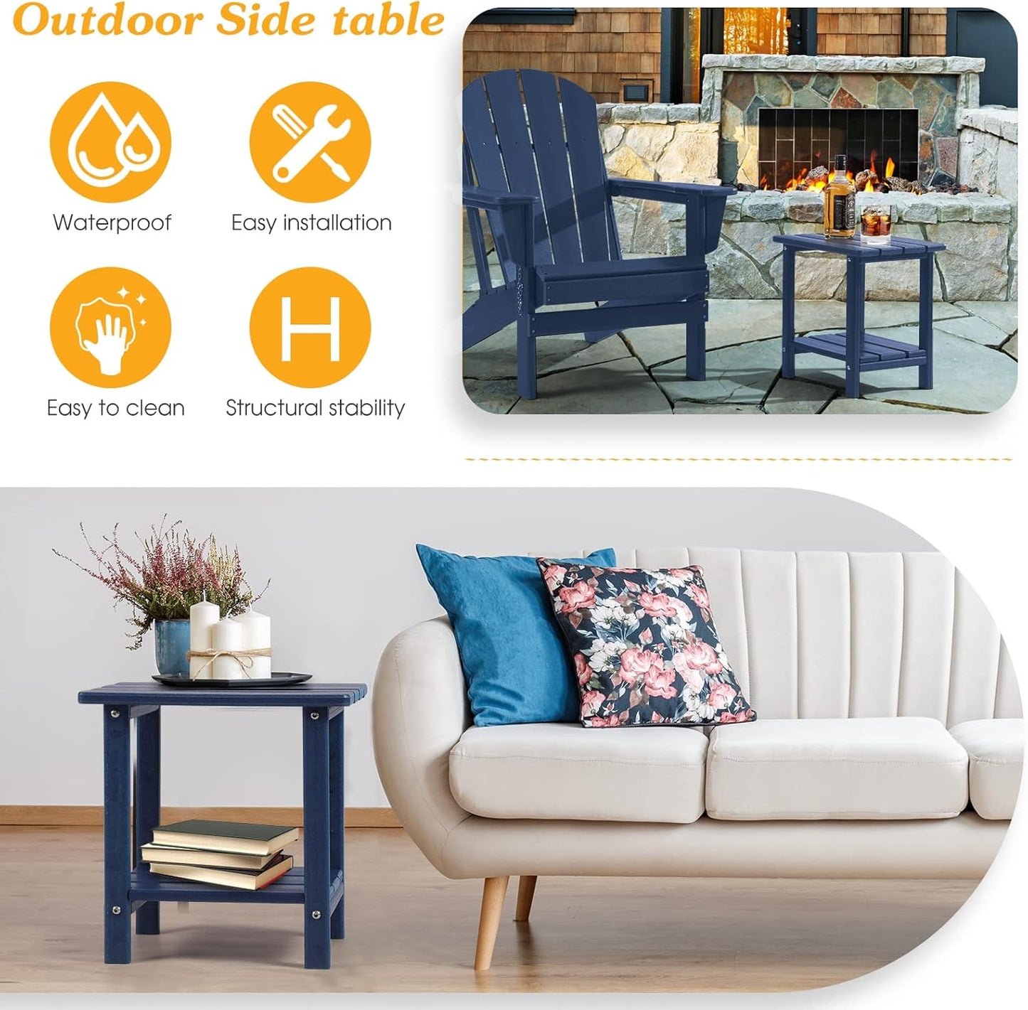 Adirondack Outdoor Side Table, 2-Tier Sturdy Patio End Table Weather Resistant, 16.5" Solid Side Table for Patio, Pool, Porch(Navy Blue)