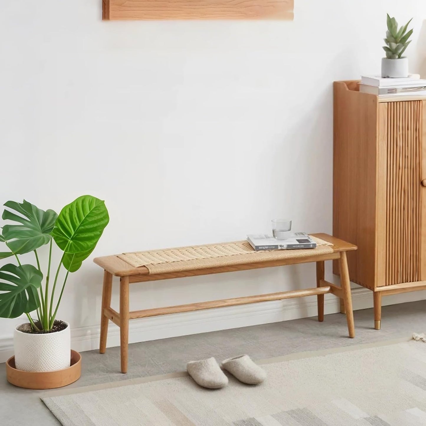 Solid Wood Entryway Bench, Wooden Dining Bench Stool w/Hand-Woven Top, End of Bed Benches for Bedroom Kitchen Dining Living Room & Entry Décor (Natural, 31.49" L)