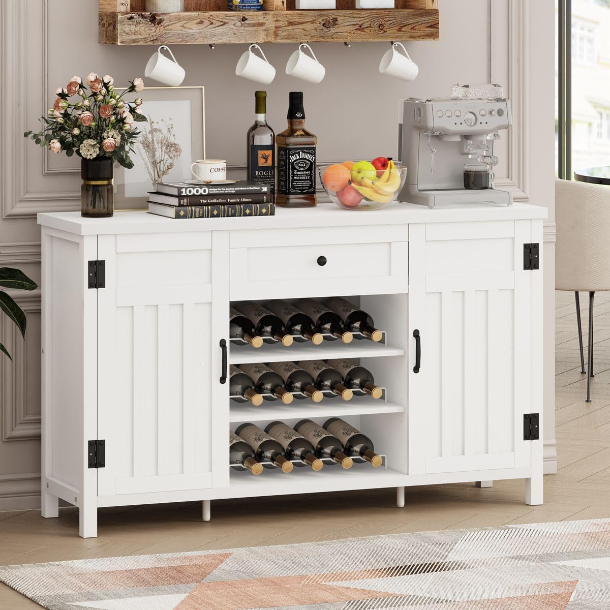 FATORRI Buffet Cabinet with Storage, Modern Coffee Bar Cabinet for Home Liquor, Sideboard Buffet Cabinets with Wine Rack, Kitchen Storage Cupboard with Drawer (White Oak)