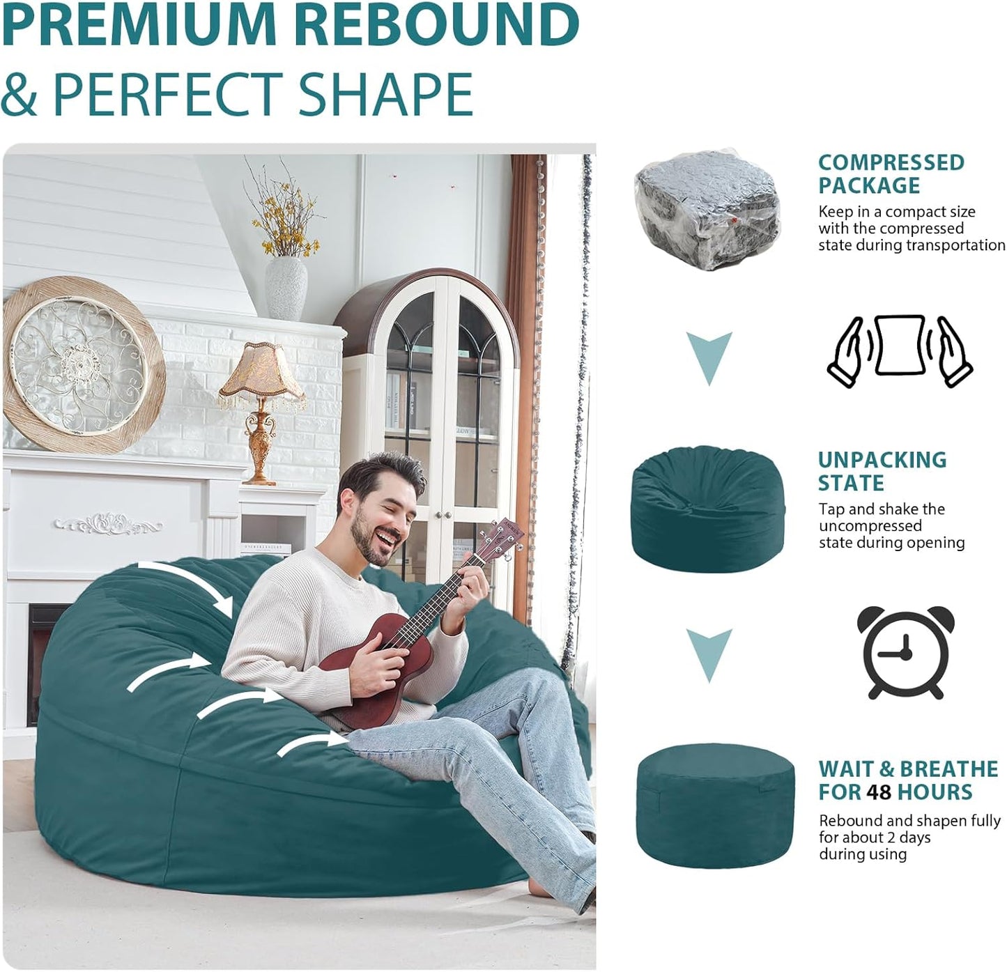 5FT Bean Bag Chair, Large Bean Bag Chairs with Memory Foam Filled, Fluffy Beanbag Sofa with Dutch Velvet Cover, Round BeanBag Chairs for Living Room, Playroom- Sea Blue