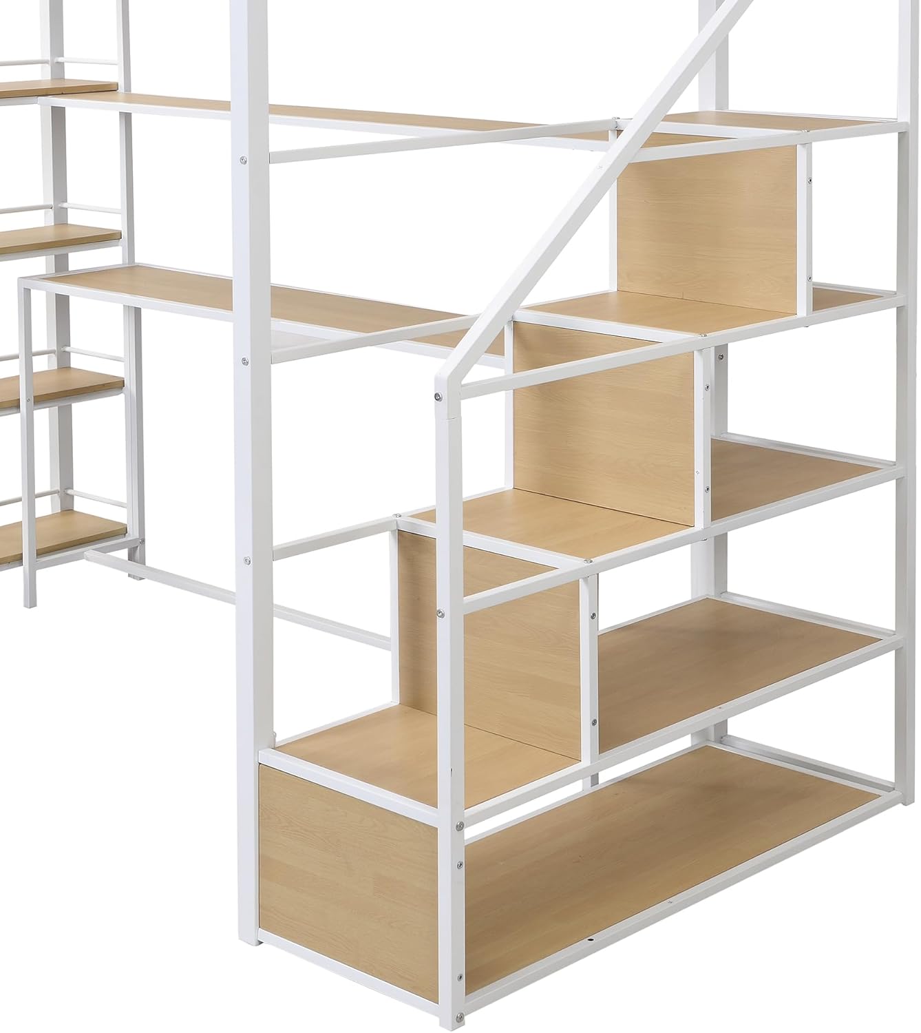 Twin Size Metal Loft Bed with Staircase,Full-Length Guardrails,a Built-in Desk and a 3-Tier Shelf,No Box Spring Needed,Noise Free,for Juniors&Adults,White