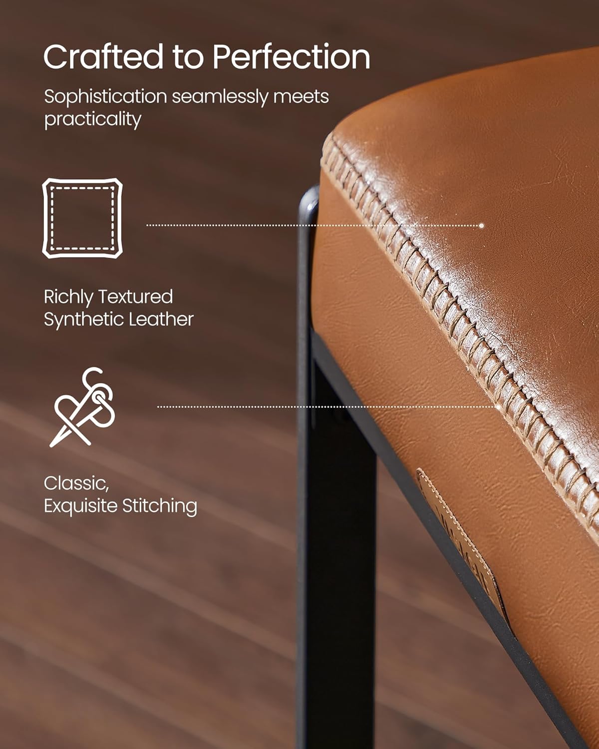 VASAGLE EKHO Collection - Bar Stools Set of 4, Counter Height Bar Stools, Synthetic Leather with Stitching, Mid-Century Modern Counter Stools, 26-Inch Tall, Kichen Home Bar Dining Room, Caramel Brown