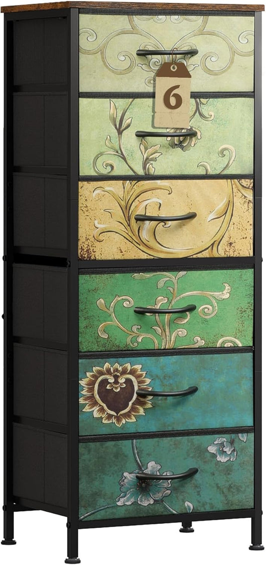 WLIVE Tall Dresser for Bedroom, 6 Drawer Dressers & Chests of Drawers, Fabric Dresser for Closet, Living Room, Night Stand with Metal Frame, Storage Tower with Fabric Bins, Wood Top, Floral Painted