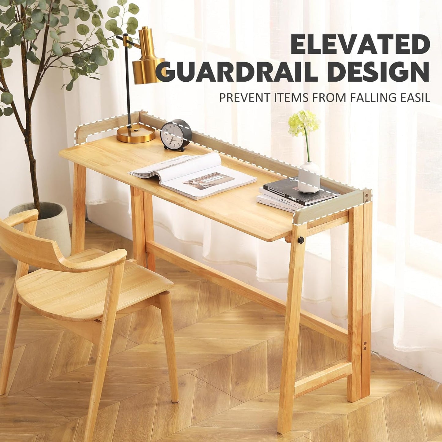 Solid Wood Folding Desk Mid Century Modern Table, 55'' Foldable Writing Computer Desk for Home Office, Simple Study Makeup Workstation, Wooden Study Office Desk Table for Small Spaces, Natural Color