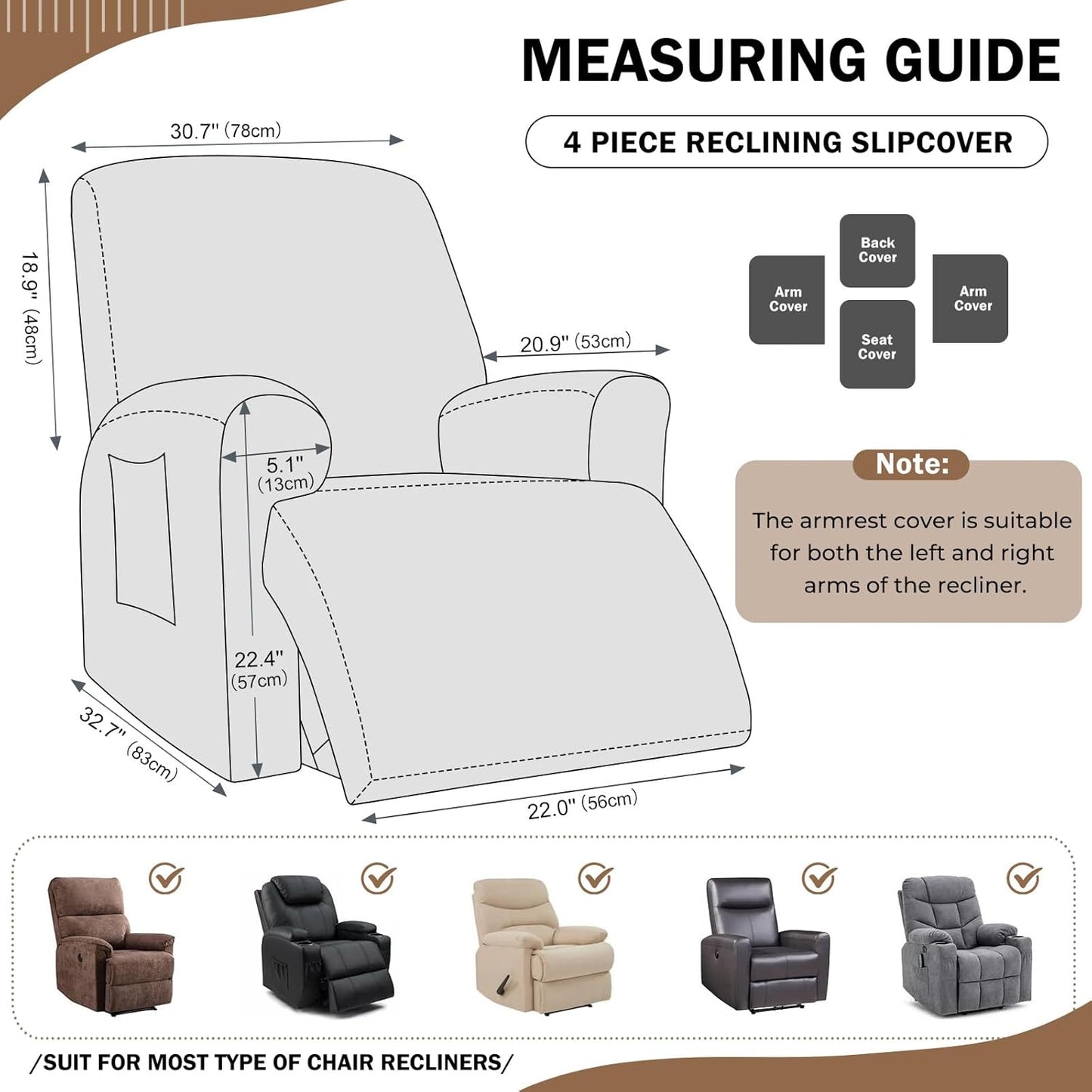 vctops 4 Pieces Geometric Jacquard Plush Recliner Slipcovers Soft Fuzzy Fluffy Sofa Couch Cover Anti-Slip Furniture Protector with Elastic Bottom for Kids Cats Dogs(Brown,1 Seat)