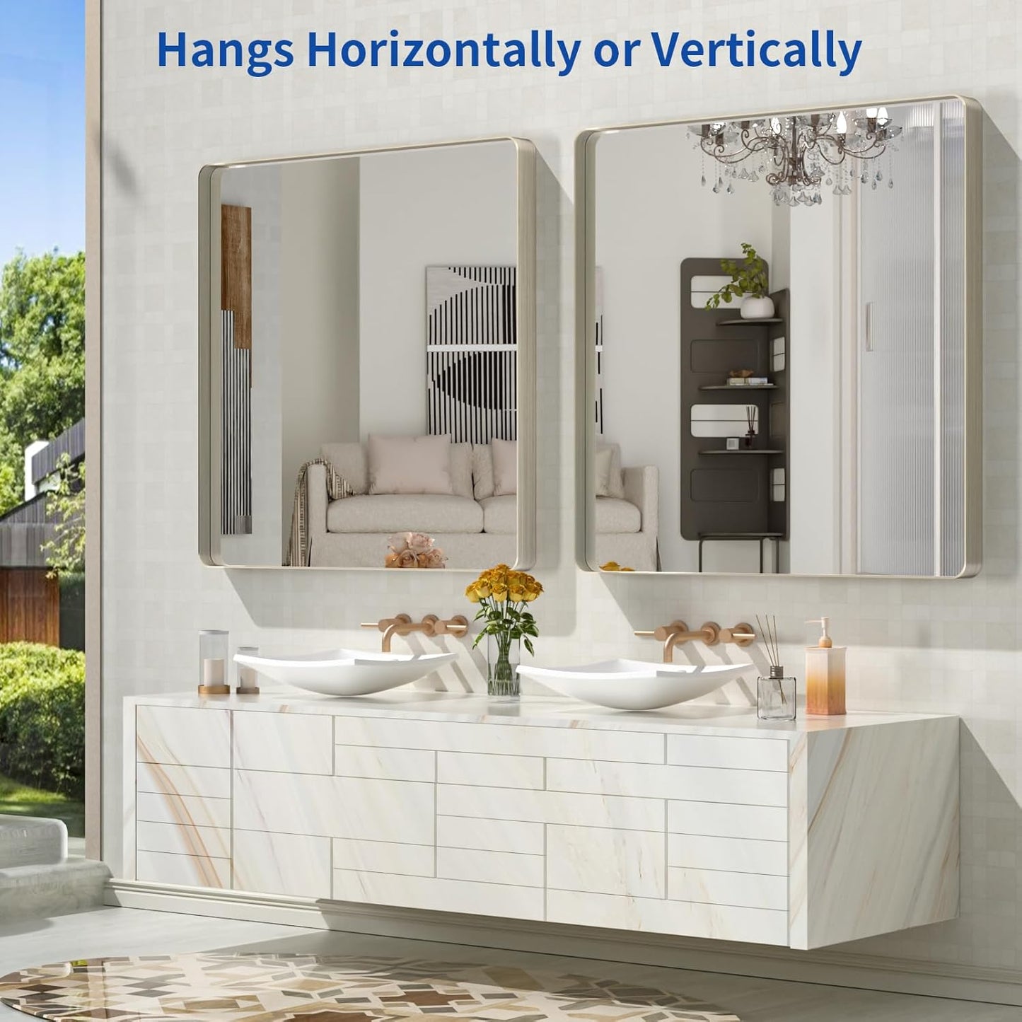 WEER 36X36 Inch Brushed Nickel Bathroom Mirror, Brushed Silver Metal Frame Mirror, Rounded Rectangle Silver Bathroom Vanity Mirror, Tempered Glass, Anti-Rust, Hangs Horizontally or Vertically