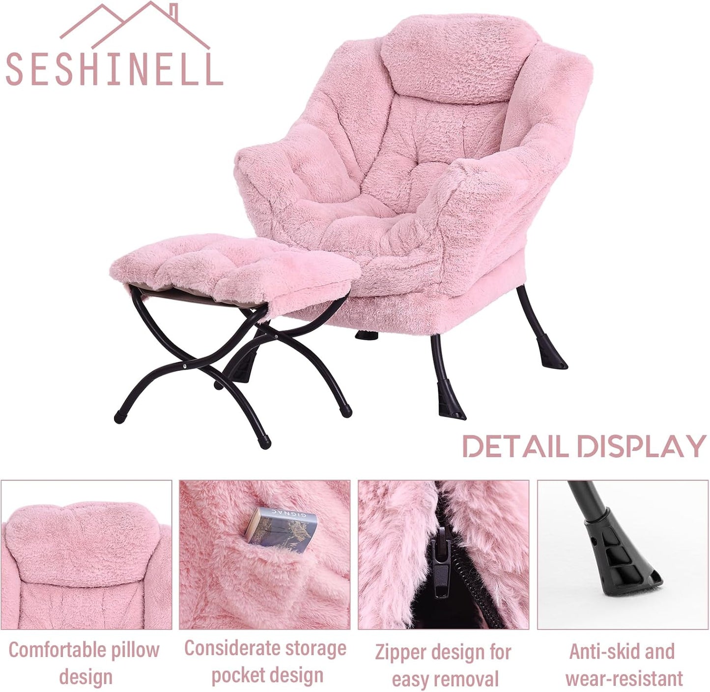 Lazy Chair with Ottoman, Modern Accent Chair Lounge Leisure Sofa Chair with Armrests, Reading Chair and Folding Footstool for Living Room, Bedroom, Office, Plush Pink