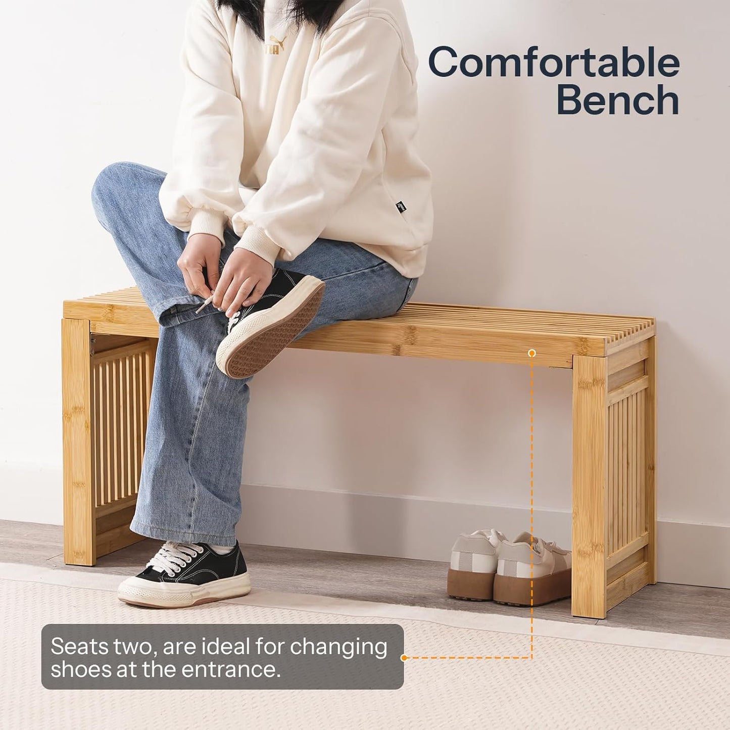 HOOBRO Dining Bench, 35 inch Bamboo Entryway Bench, Farmhouse Kitchen Table Bench, Outdoor Bench, Solid Bamboo Dining Room Benches for Kitchen, Living Room, Hallway, Bedroom, Natural YL16CD01