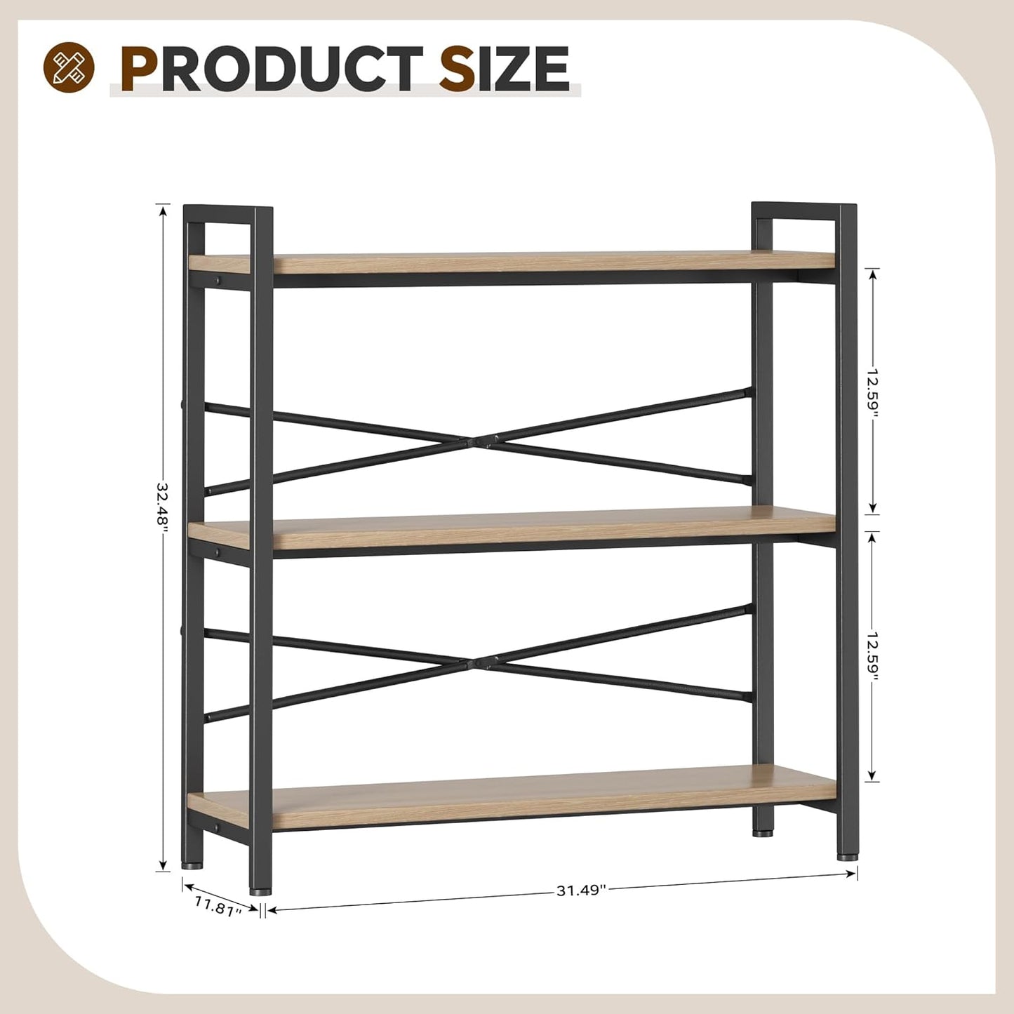 Book Shelf, 3 Tier Bookshelf 31.49" Width, Book Shelf Storage and Organization, Wooden and Metal Industrial Bookcase, Large Book Shelves for Home Living Room Bedroom Office Storage(Light Coffee)