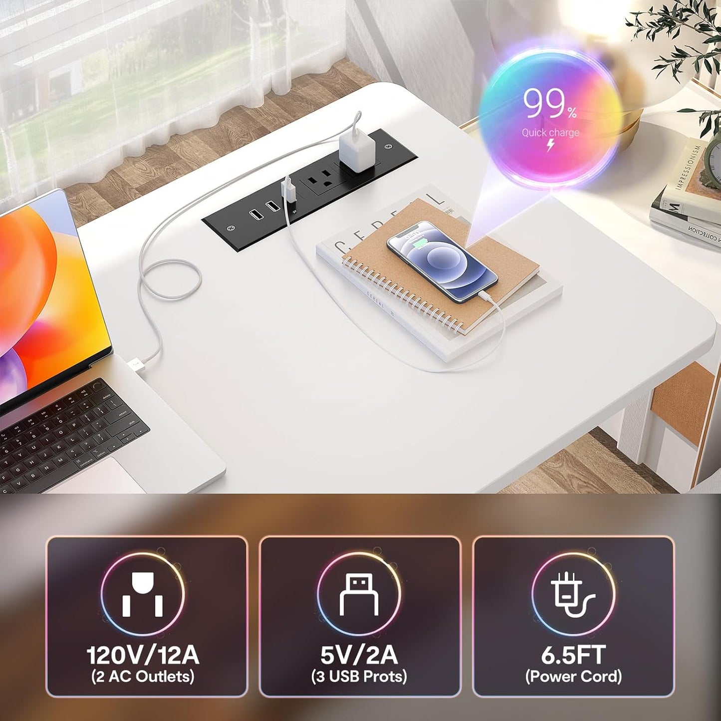 Armocity Height Adjustable Standing Desk with Power Outlets, 47" Manual Stand Up Desk with Storage Shelves Small Mobile Rolling Computer Desk Portable Laptop Table with Wheels for Home Office, White