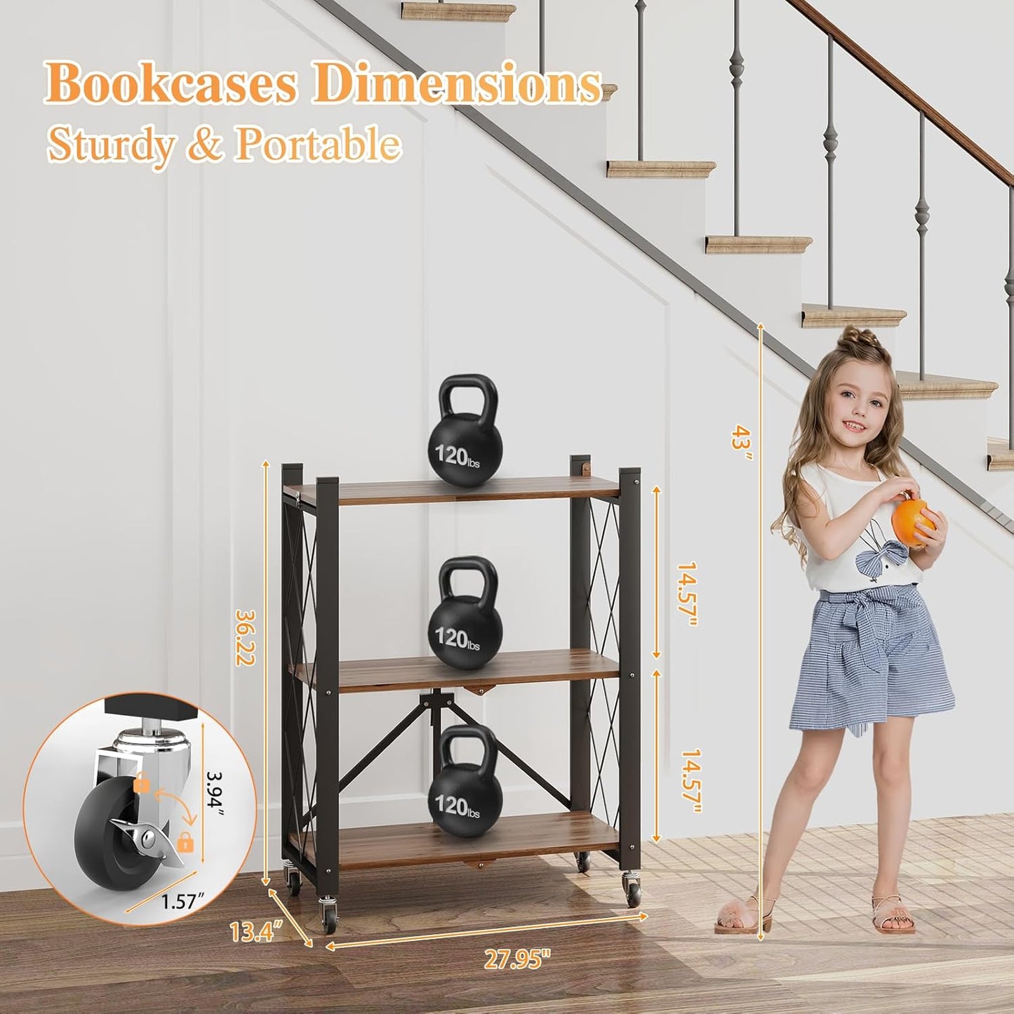 BAOYOUNI 3-Tier Vintage Industrial Bookshelf - No Assembly Folding Storage Shelf with Woodgrain Finish | Collapsible Metal Bookcase for Living Room, Office & Bedroom