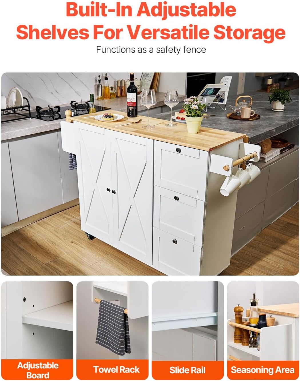 VEVOR Kitchen Island Cart, 45.3x39 inch Rolling Kitchen Table, Mobile Carts with Storage Cabinet and Solid Wood Top, Portable Islands with Wheels, Spice Rack, Towel Rack, Drop Leaf and Drawer, White