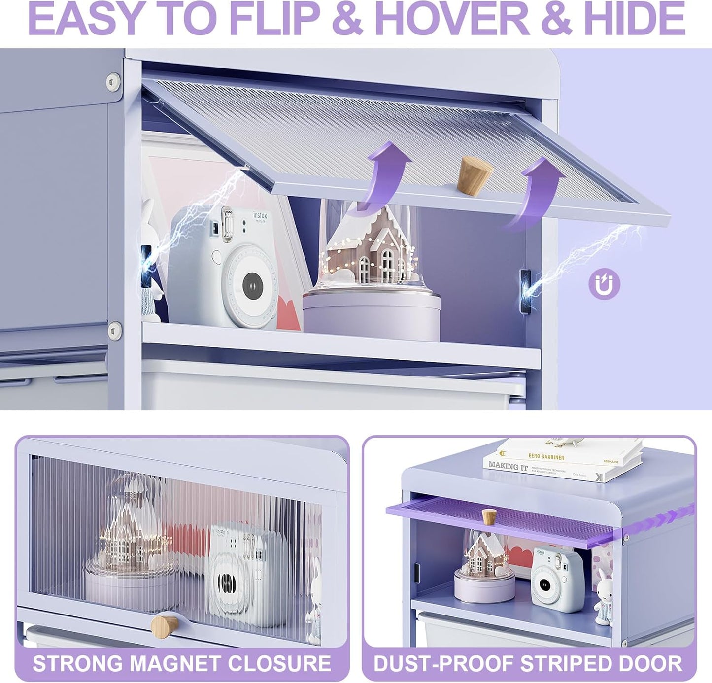 Utility-Rolling-Storage-Drawer-Craft-Cart-Organizers with 4 Drawers & Dust-Proof Door for Kid Craft Art Room,Bedroom,Home Office, Lavender Purple