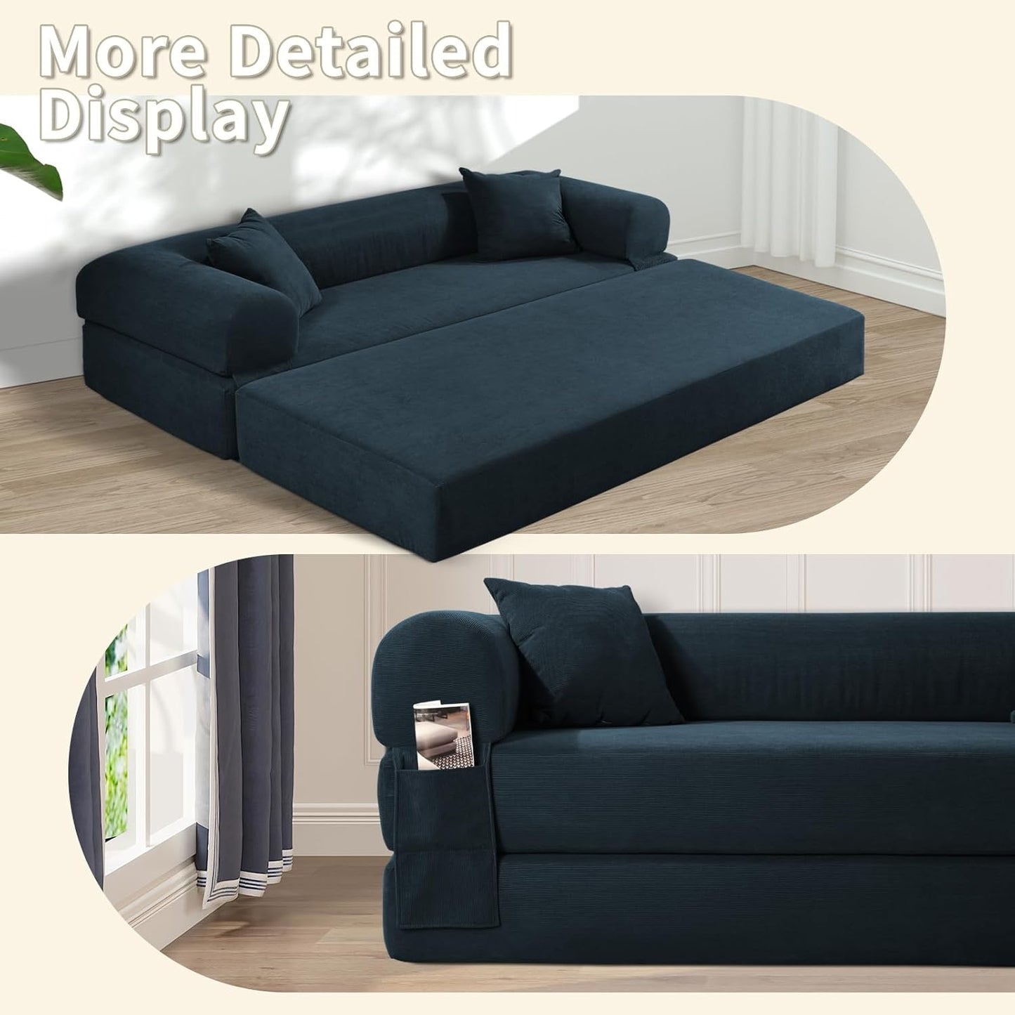 80" Convertible Sofa Bed, Corduroy Deep Seat Folding Pull Out Couch with Pillows, No Assembly Modern Boneless Couch Compression Sofa in Box, Floor Sofa with Storage Pocket for Living Room,Dark Blue