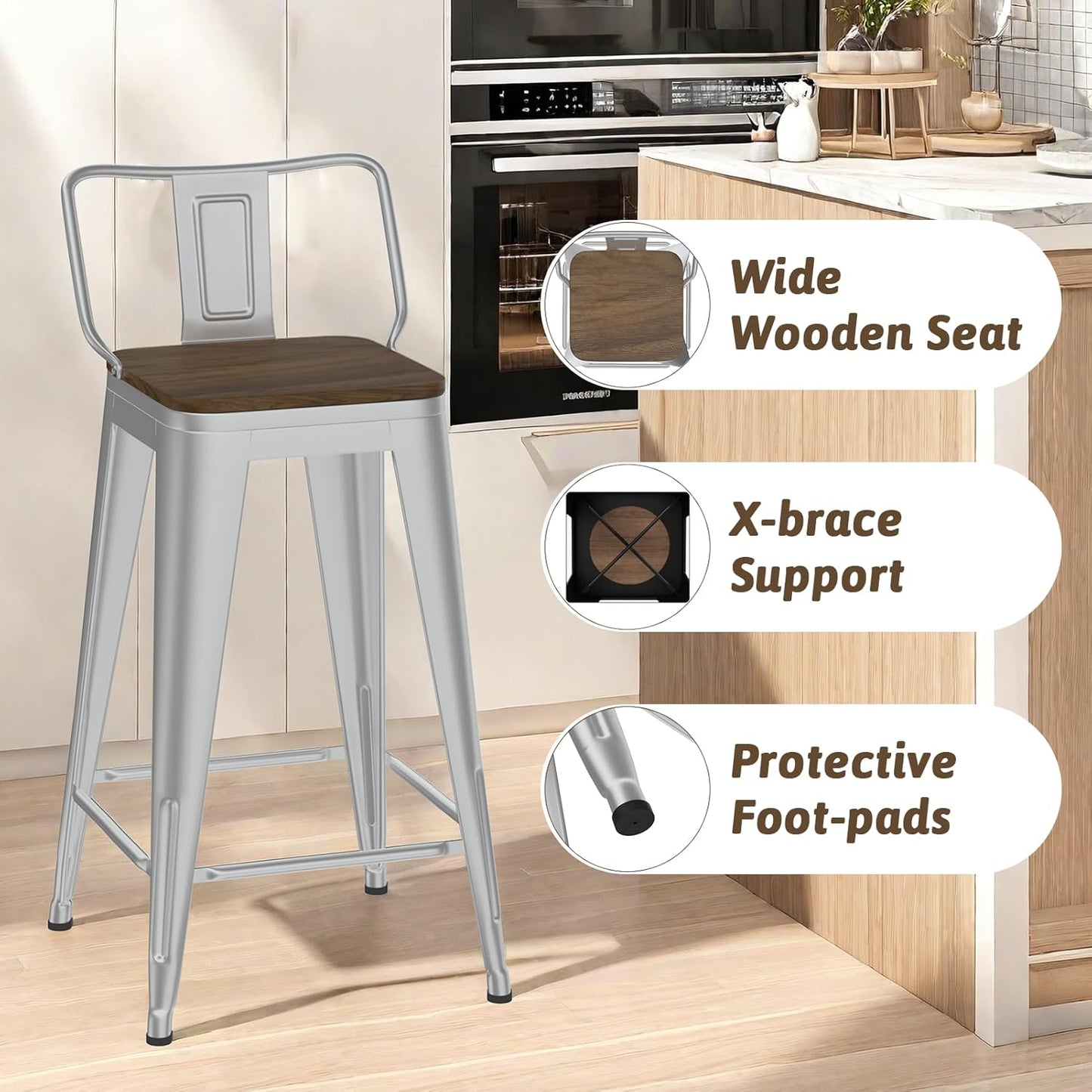 26 Inch Swivel Bar Stools Set of 4, Counter Height Bar Stools with Low Back, Metal Industrial Bar Chairs for Kitchen Island (Silver)