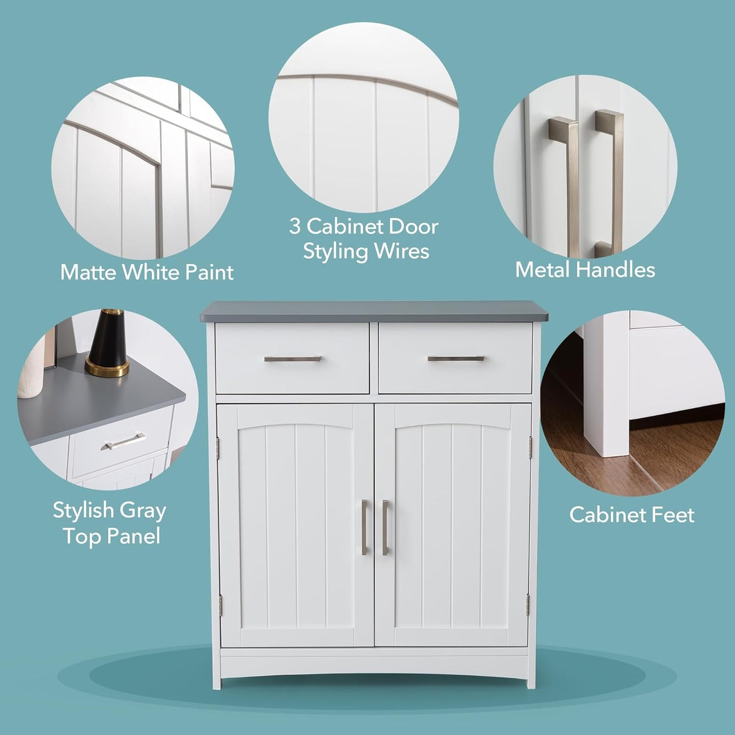 Modern White Buffet Cabinet, 26x30 Inches, 2 Doors, 2 Drawers, Adjustable Shelves, Anti-Fall Drawers, Dining Room Storage