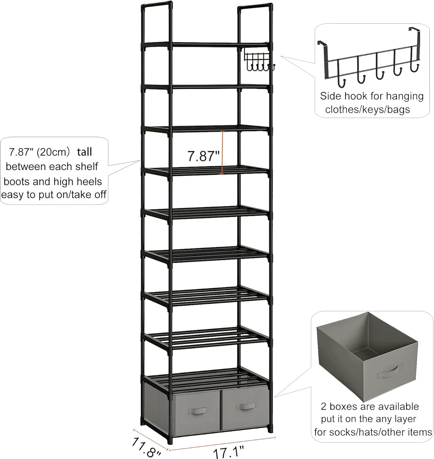 Tall Shoe Rack Narrow 10 Tier Shoes Rack 20 25 Pairs, Shoe Storage Organizer for Closet, Sturdy Metal Shoe Shelf Shoe Stand with 2 Boxes 1 Hook