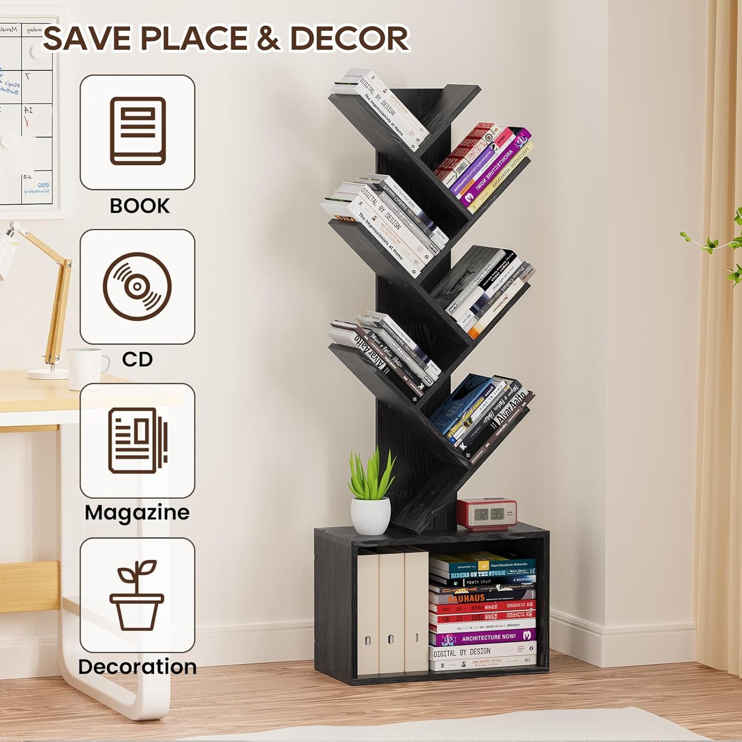 6 Tier Tree Bookshelf, Sturdy Retro Floor Standing Wood Bookcase, Storage Rack for Home Office, Living Room, Bedroom, Reading Spot, Heavy Book Organizer Shelves for CDs/DVDs/Movies, Black