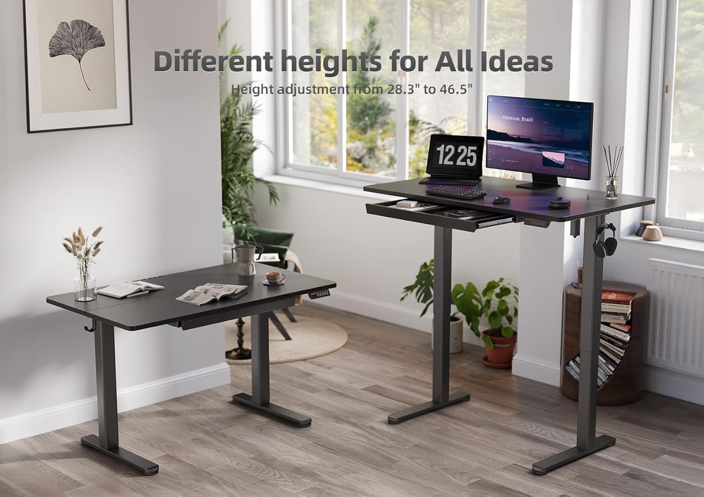YDN Standing Desk with Drawers, 55 x 24 Inch Adjustable Height Stand Up Desk, Sit Stand Computer Desk for Home Office, Black