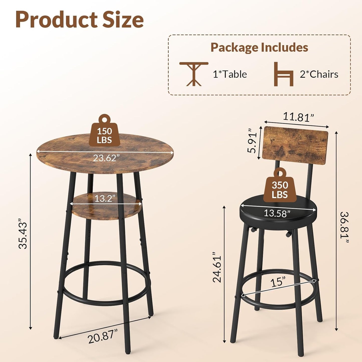 3 Pieces Round Bar Table Set, Small Dining Table for 2, Modern Kitchen Bar Table, Breakfast Table with Storage, 2 Thickened Cushion Stools with Backrest for Dining Room, Bistro-Brown