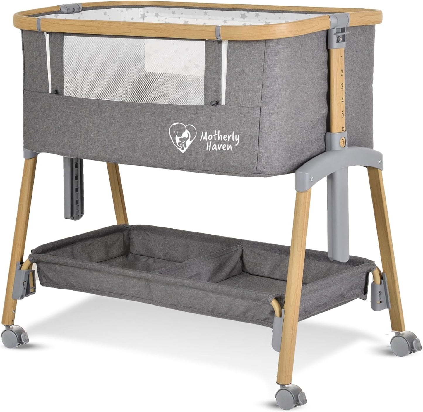 Baby Bassinet Bedside Sleeper, Portable Crib for Newborns, Adjustable 7-Height Auto-Lock, with Wheels, Soft Mattress & Breathable Mesh (Light Grey)