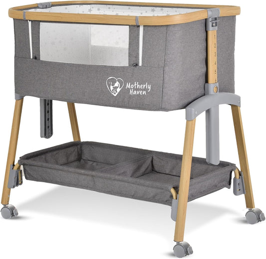 Baby Bassinet Bedside Sleeper, Portable Crib for Newborns, Adjustable 7-Height Auto-Lock, with Wheels, Soft Mattress & Breathable Mesh (Light Grey)