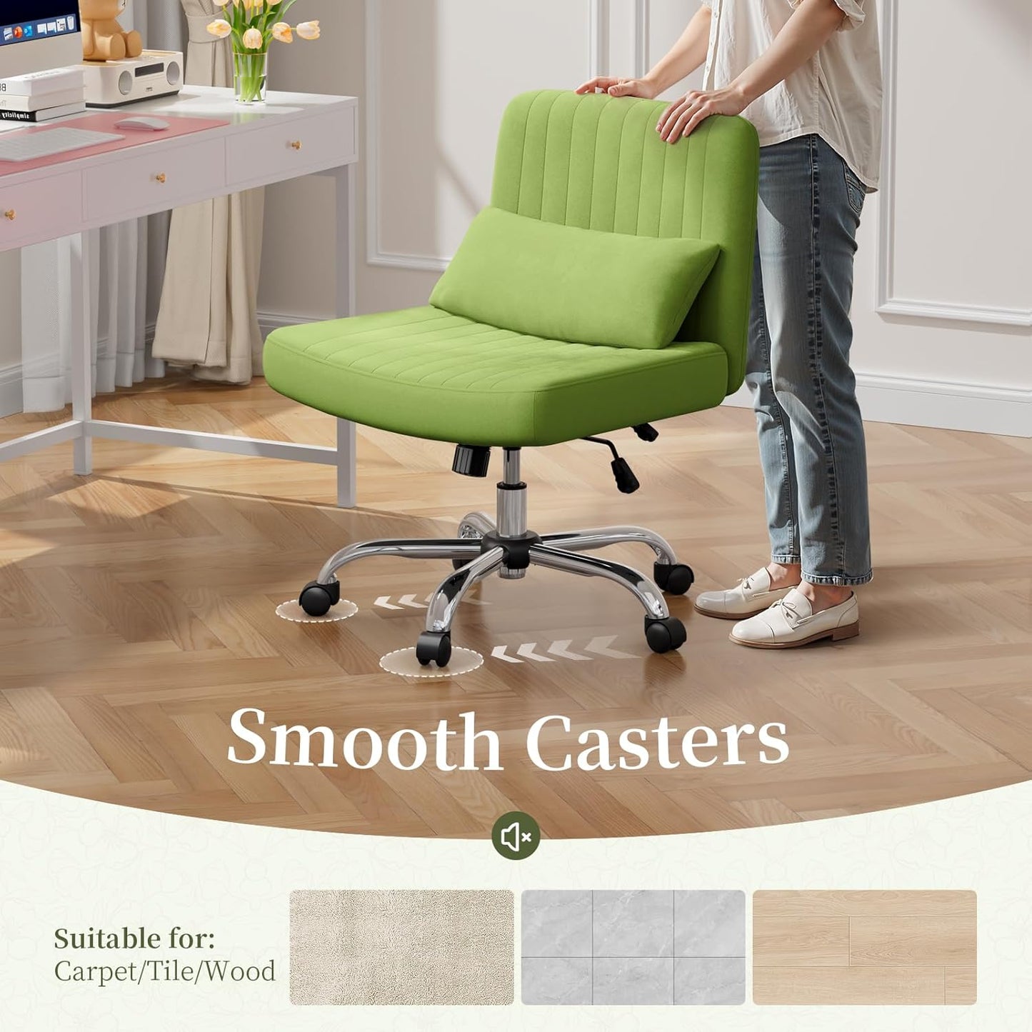 Warmiehomy Criss Cross Office Chair with Wheels, Velvet Cross-Legged Desk Chairs for Home, Height Adjustable Swivel Wide Seat Computer Chair, Morden Vanity Chair for Women, Light Green