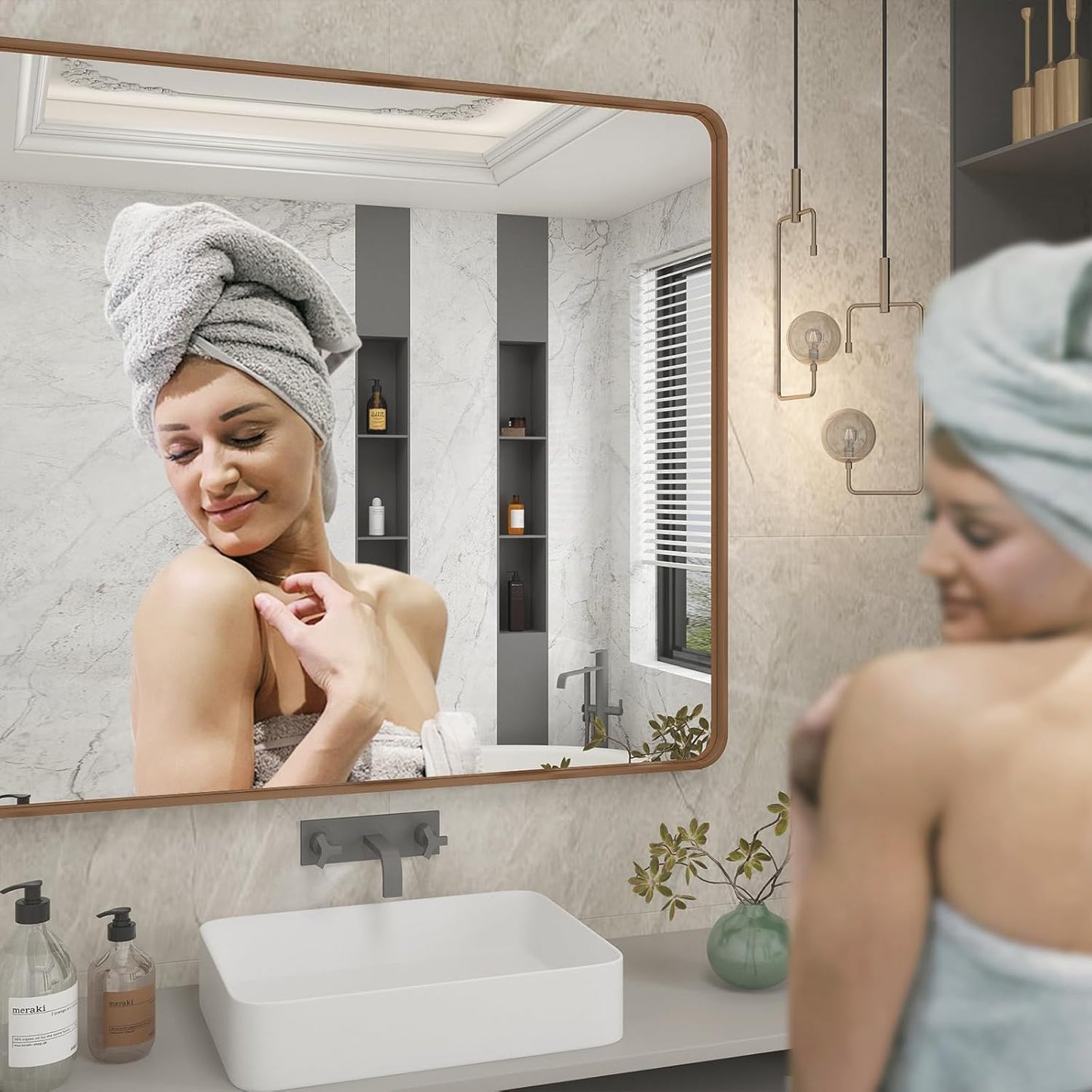 55x30 Gold Bathroom Mirror, Brushed Metal Frame Gold Vanity Mirror, Large Rectangle Mirror for Wall, Rounded Corner, Shatterproof, Anti-Rust (Horizontal/Vertical)