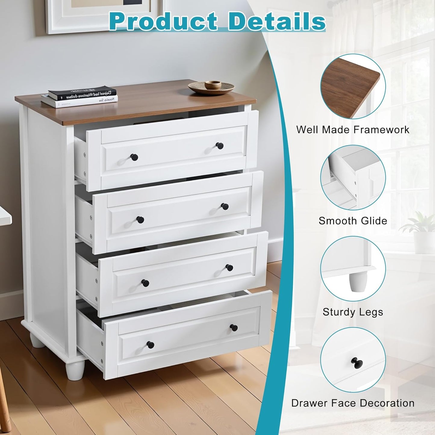 Farmhouse 4 Drawers Dresser for Bedroom, 29.1" Wide Wood Chest of Drawers with Metal Handle, Tall Storage Dressers Organizer for Bedroom, Living Room, Hallway, Ivory White