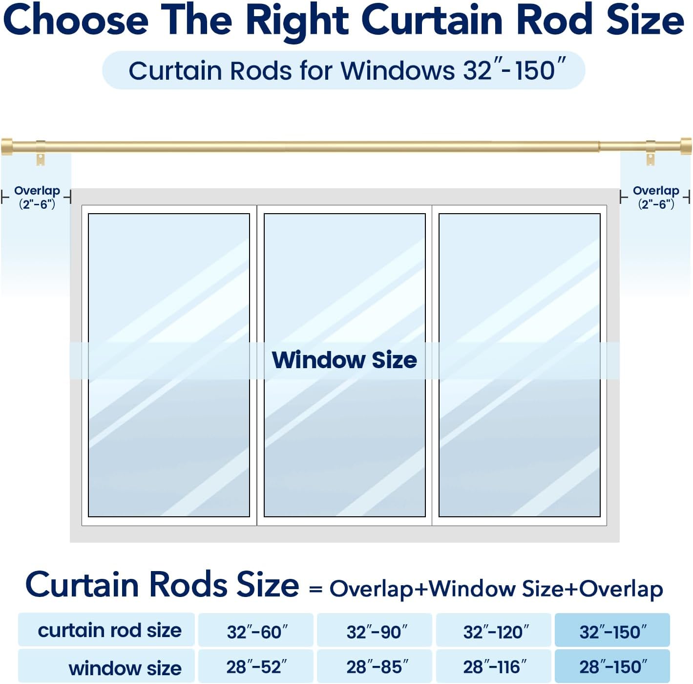 2 Pack Curtain Rods for Windows 72 to 144 Inch, 1 Inch Gold Curtain Rods Set, Adjustable Heavy Duty Curtain Rod, Outdoor Curtain Rods for Patio Bedroom, Drapery Rods with End Cap, Size 32"- 150"