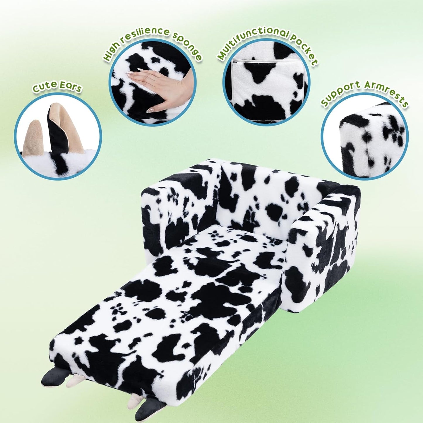 ALIMORDEN Fold Out Toddler Couch, Comfy 2-in-1 Cuddly Sherpa Bear Chair for Kids, Convertible Sofa to Lounger, Kids Cozy Corner Play Couch for Boys and Girls, Cow