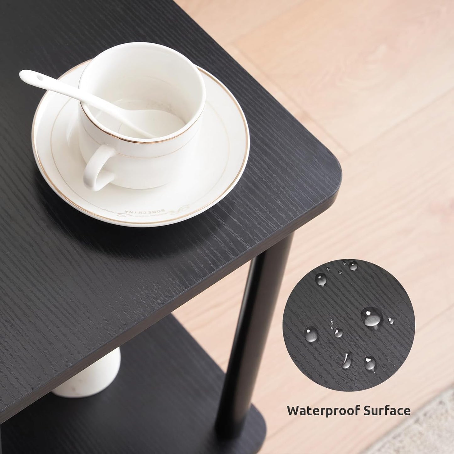 Apicizon 2 Tier End Table Set of 2, Small Side Table with Solid Wood Legs, Boho Bedside Table with Storage Shelf, Nightstand for Small Spaces, Bedroom, Living Room, Entryway, Easy Assembly, Black