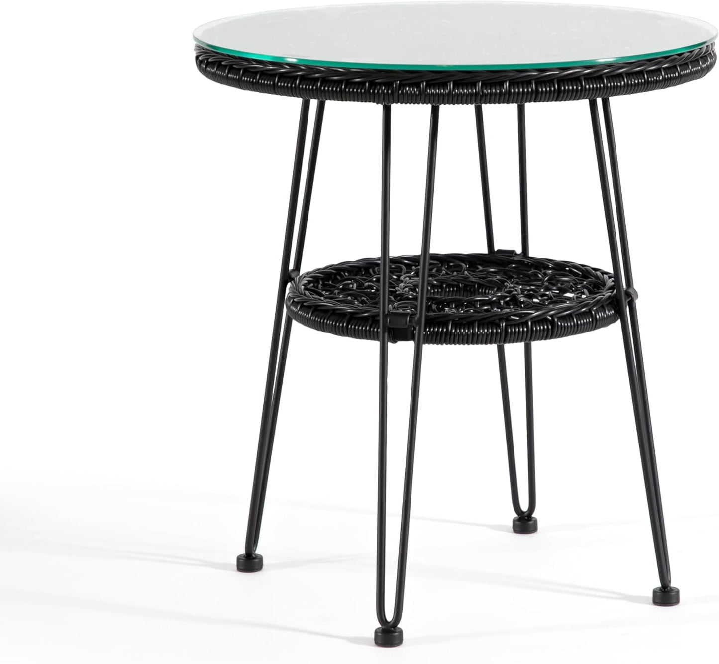 Muse & Lounge Co. Ysar Boho 19-inch Round Coffee Table Outdoor with Tempered Glass Top and Metal Frame, Handcrafted Coastal Furniture for Patio, Poolside, Garden, Yard, Black