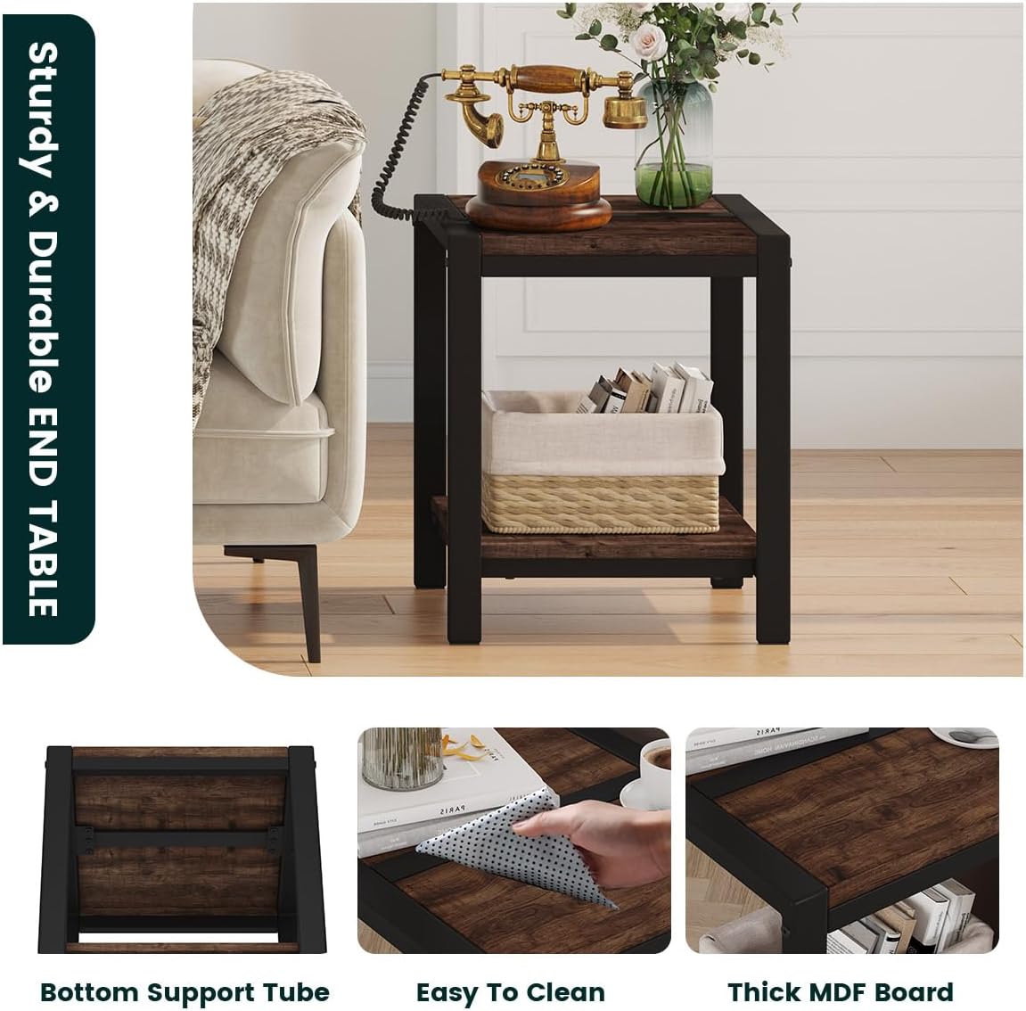 BON AUGURE End Table, Small Side Table for Living Room, Night Stand, Bedside Tables with 2-Tier Storage Shelves for Bedroom, Small Spaces (Rustic Oak)