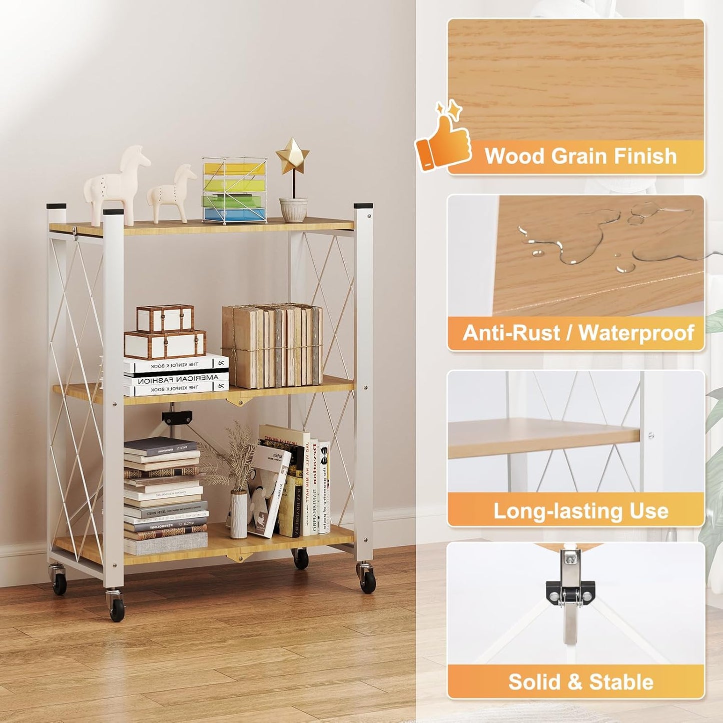 BAOYOUNI 3-Tier Vintage Industrial Bookshelf - No Assembly Folding Storage Shelf with Woodgrain Finish | Collapsible Metal Bookcase for Living Room, Office & Bedroom