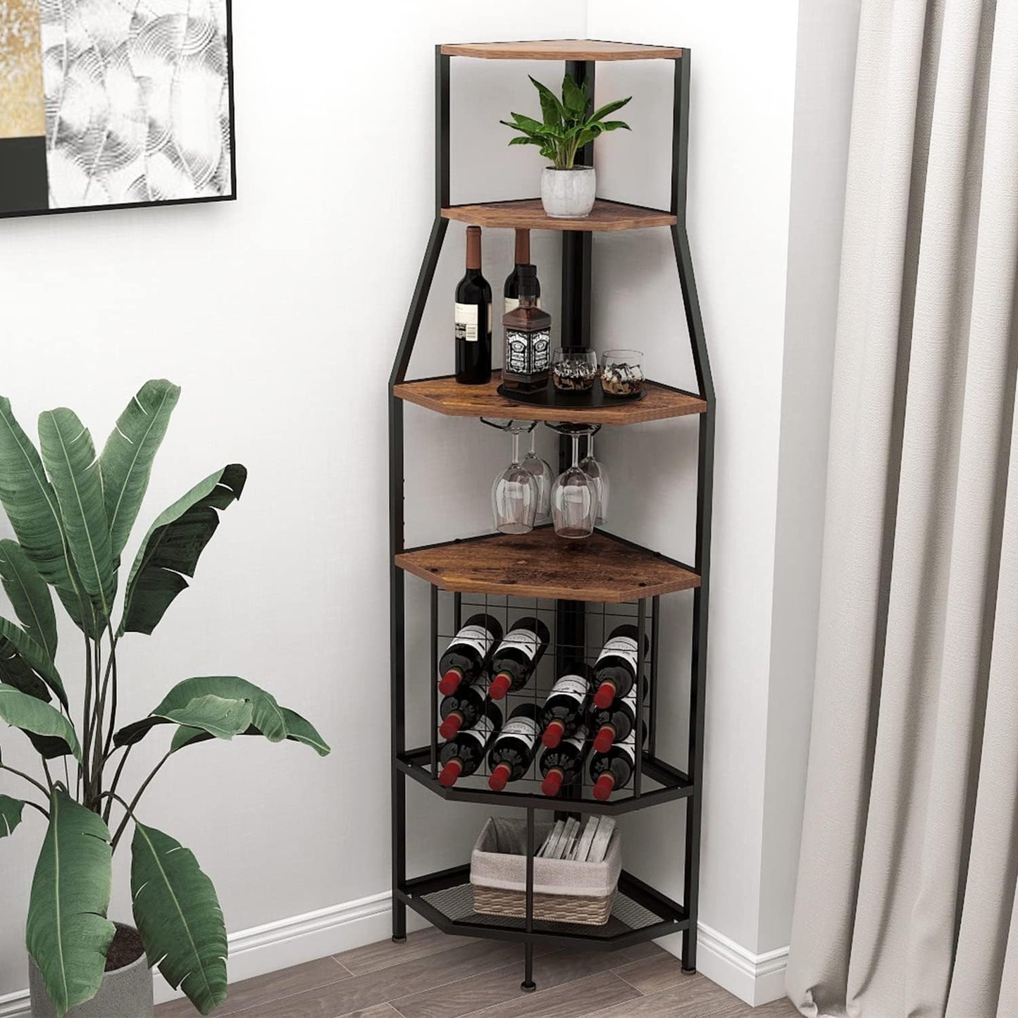 5-Tier Corner Wine Rack Floorstanding with Glass Holder and Bottles Wine Storage Home Bar Furniture for Home Kitchen Dining Room Industrial Metal and Wooden Corner Shelf